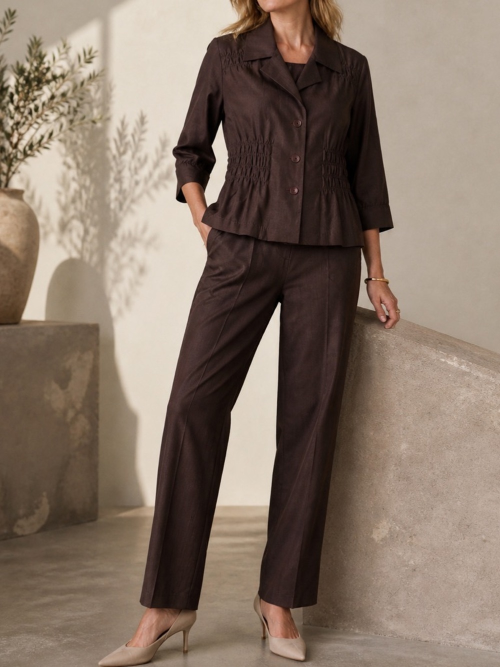 Doncaster Linen Silk Suit Set Brown Size 14 90s Y2K Vintage